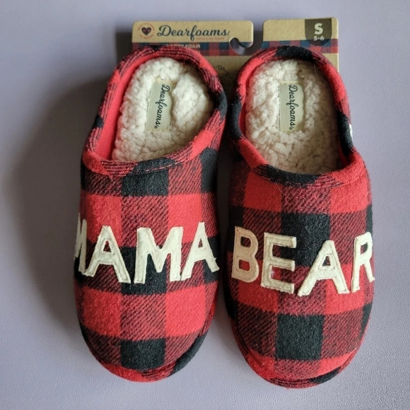 Dearfoams Black Read Plaid Fuzzy Mama Bear Slippers Size 5-6 NWT - Picture 2 of 7